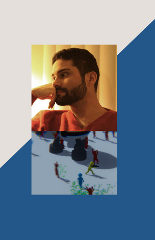 Stephen Scott Day looking to the side with his chin resting on his hand. He is wearing a red shirt. Below him is a rendering of a game space with little figures of various colors all standing on a gray ground